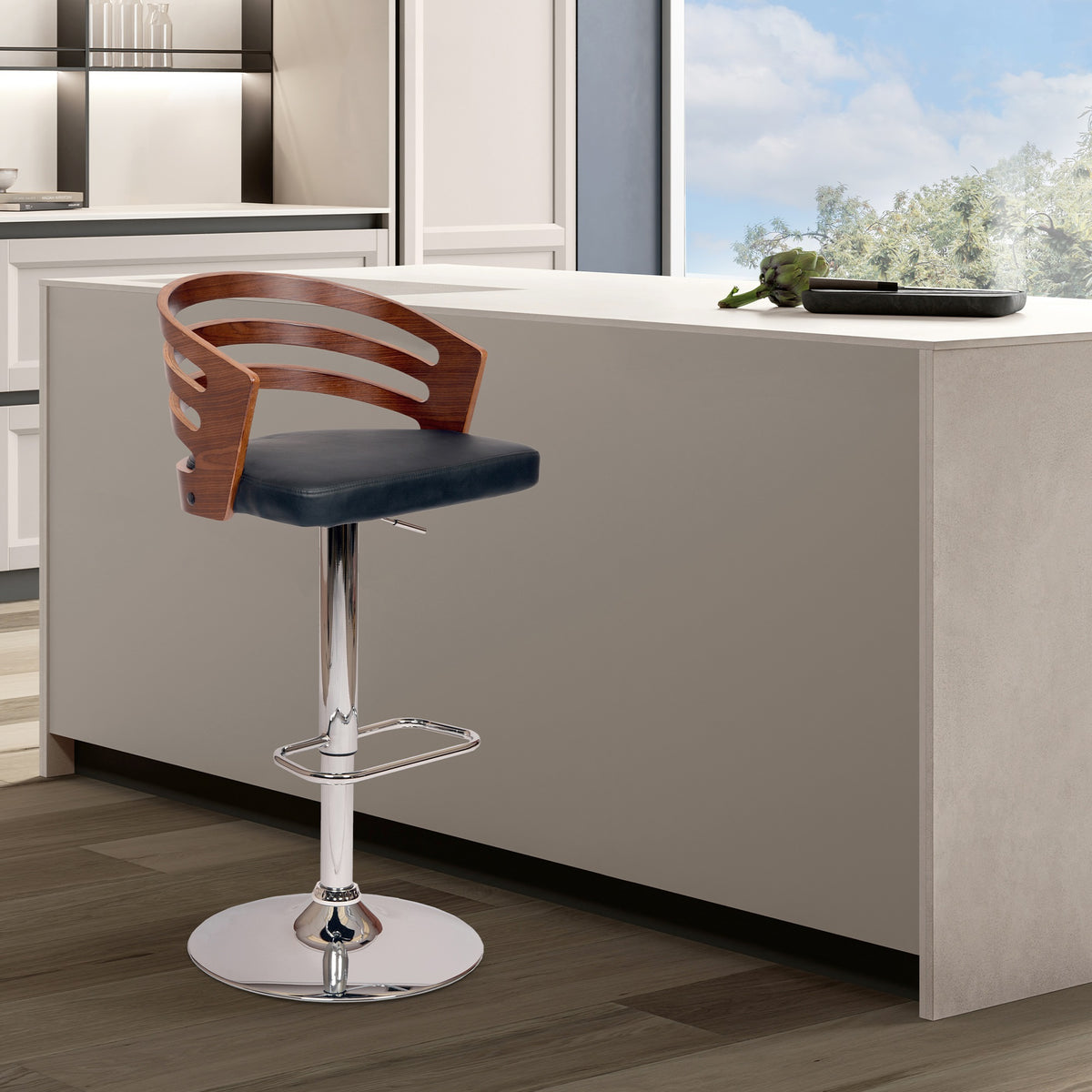 Armen Living Adele Swivel Barstool In Black PU/ Walnut Veneer and Chrome Base