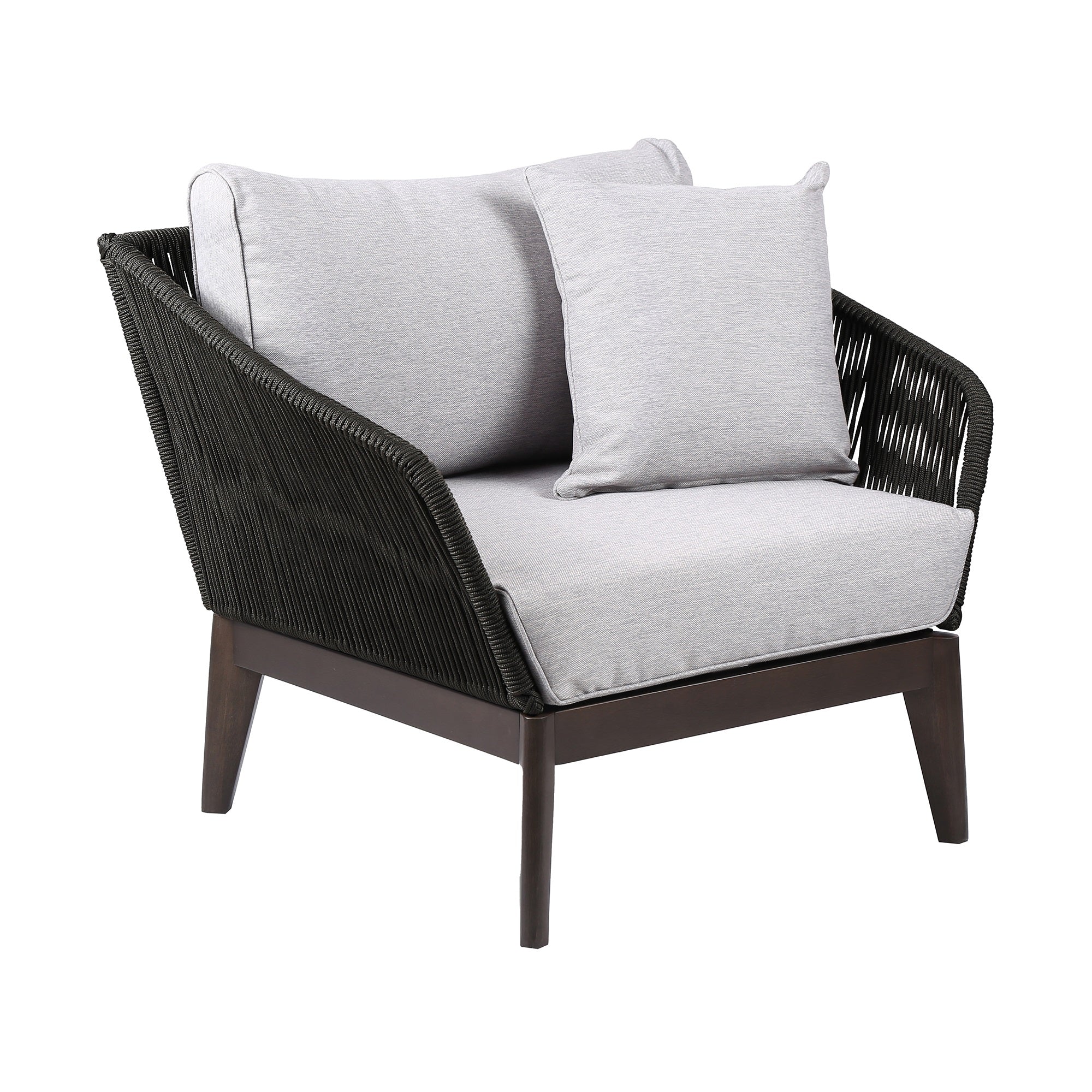 Athos Indoor Outdoor Club Chair in Dark Eucalyptus Wood with Latte Rope and Grey Cushions