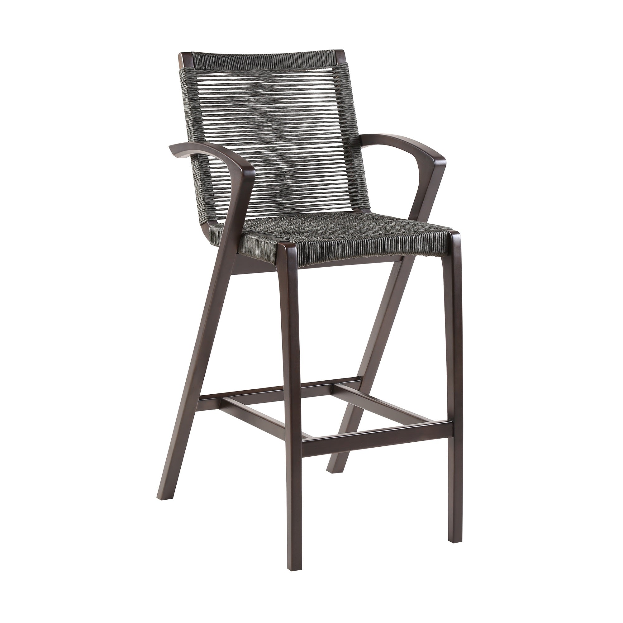 Brielle Armed Outdoor UV Protected Dark Eucalyptus Wood and Grey Rope Counter Height Stool with Footrest