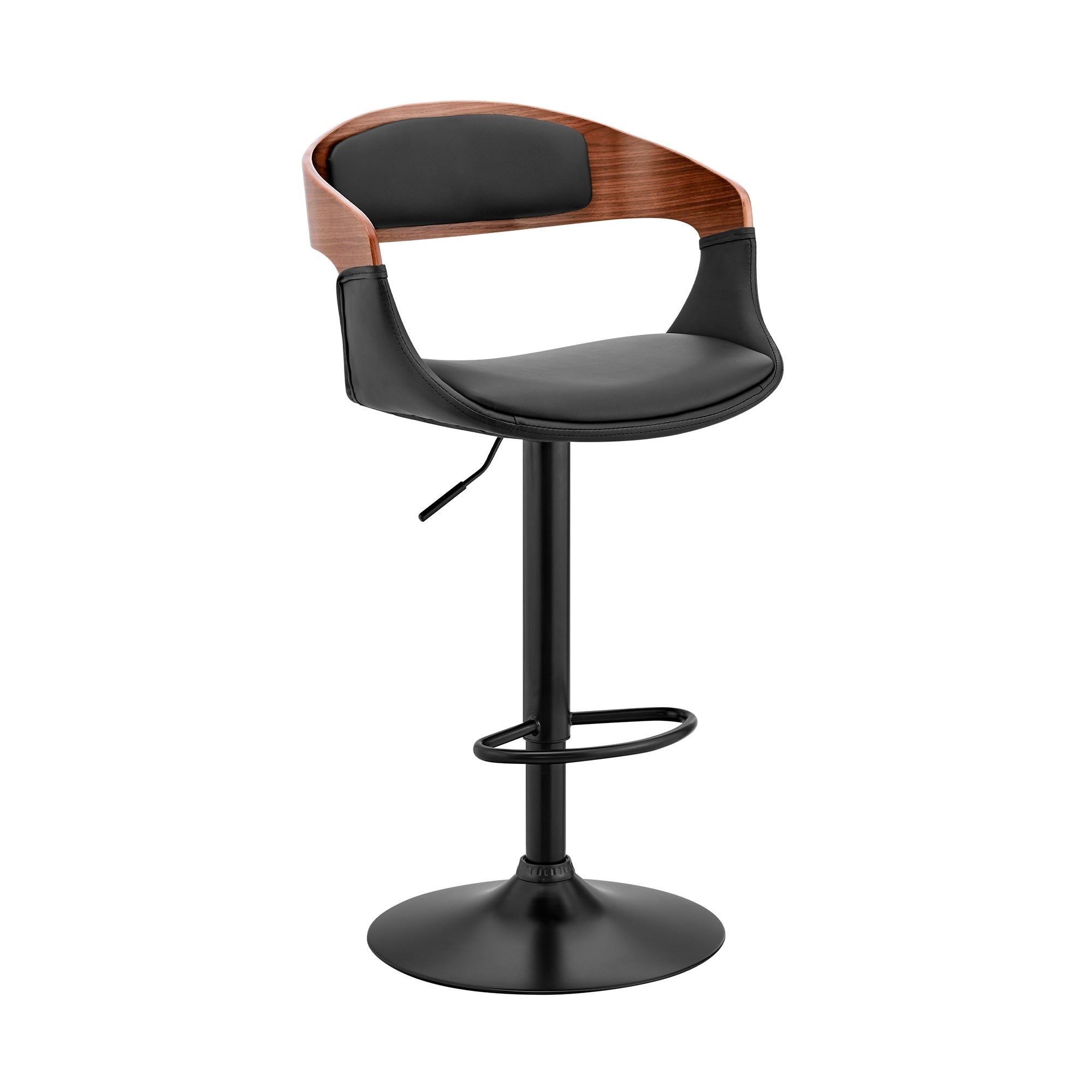 Benson Adjustable Black Faux Leather and Walnut Wood Bar Stool with Chrome Base