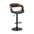 Benson Adjustable Black Faux Leather and Walnut Wood Bar Stool with Chrome Base