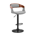 Benson Adjustable Gray Faux Leather and Walnut Wood Bar Stool with Black Base