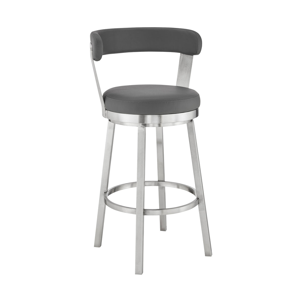 Bryant 26'' Counter Height Swivel Bar Stool in Brushed Stainless Steel Finish and Gray Faux Leather