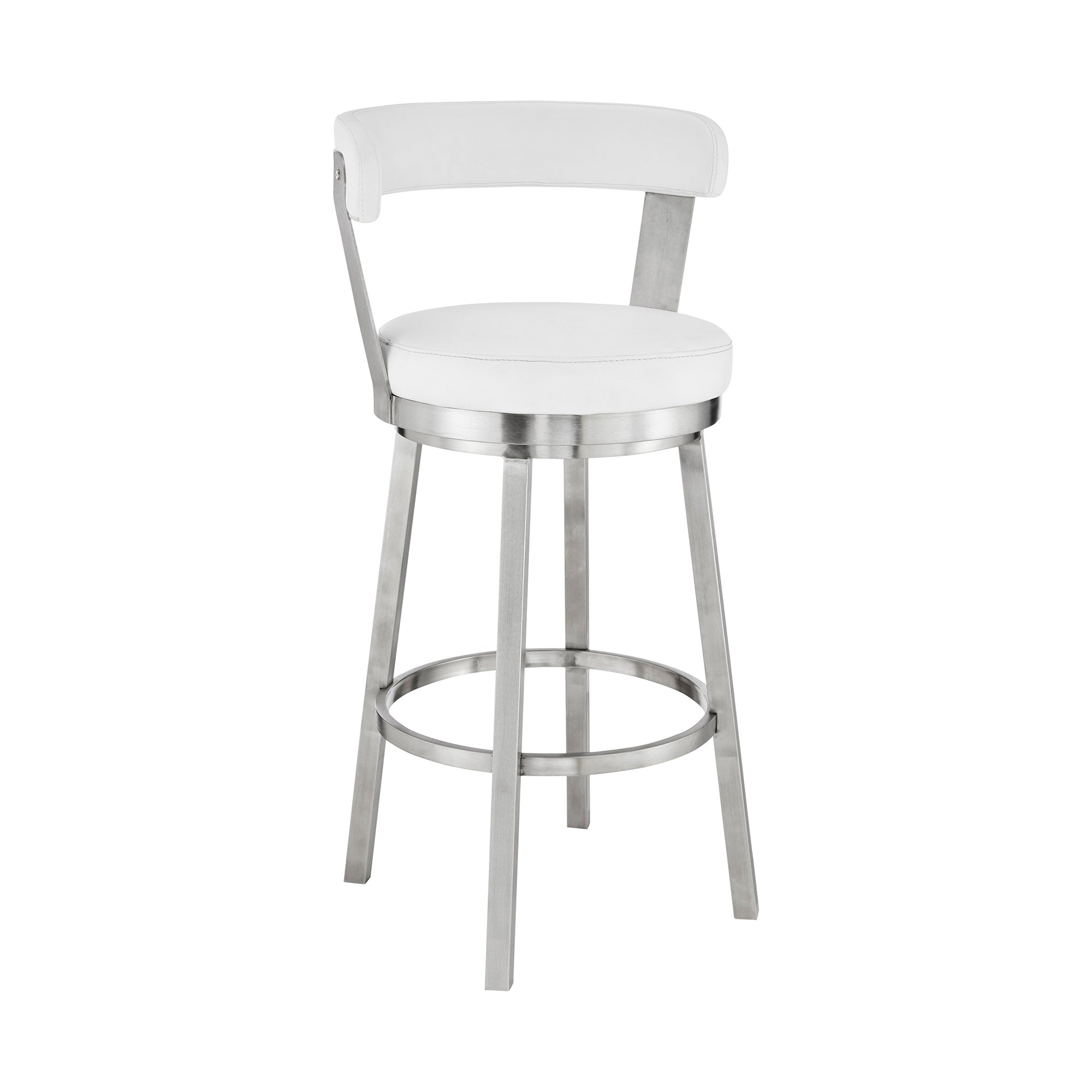 Bryant 30'' Bar Height Swivel Bar Stool in Brushed Stainless Steel Finish and White Faux Leather
