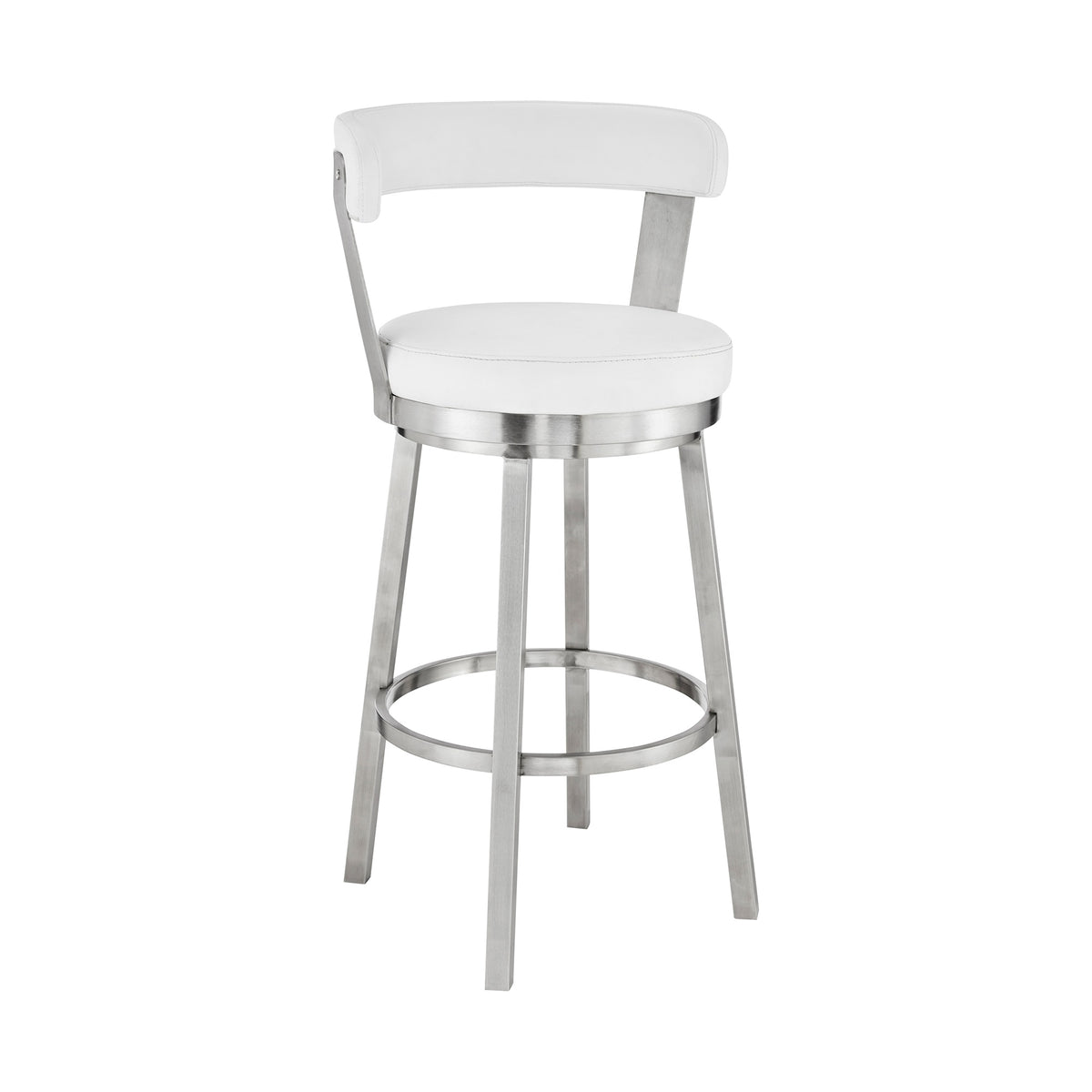 Bryant 30'' Bar Height Swivel Bar Stool in Brushed Stainless Steel Finish and White Faux Leather