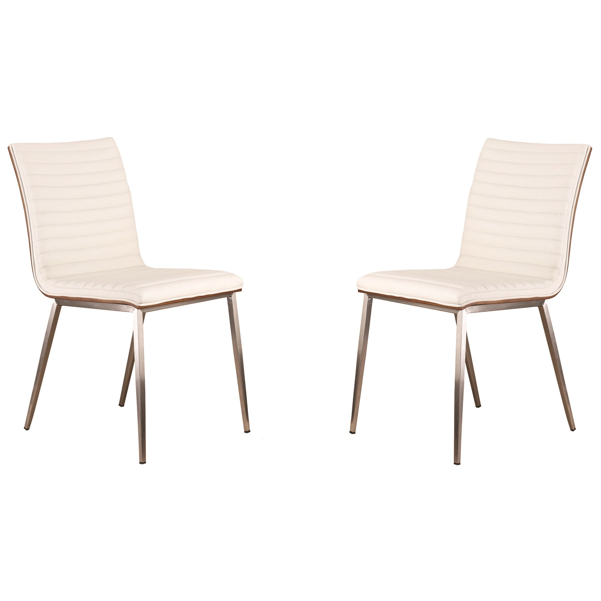 Armen Living Caf Brushed Stainless Steel Dining Chair in White Faux Leather with Walnut Back - Set of 2