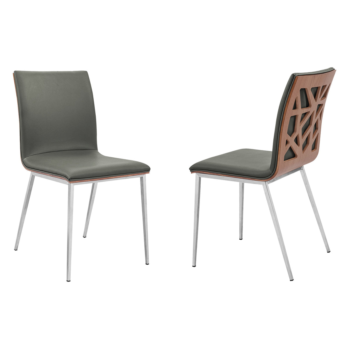 Armen Living Crystal Dining Chair in Brushed Stainless Steel finish with Grey Faux Leather and Walnut Back - Set of 2