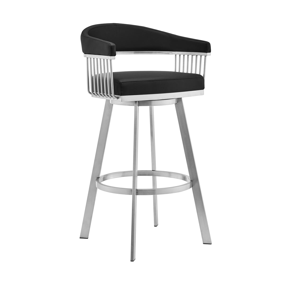 Chelsea 30'' Black Faux Leather and Brushed Stainless Steel Swivel Bar Stool