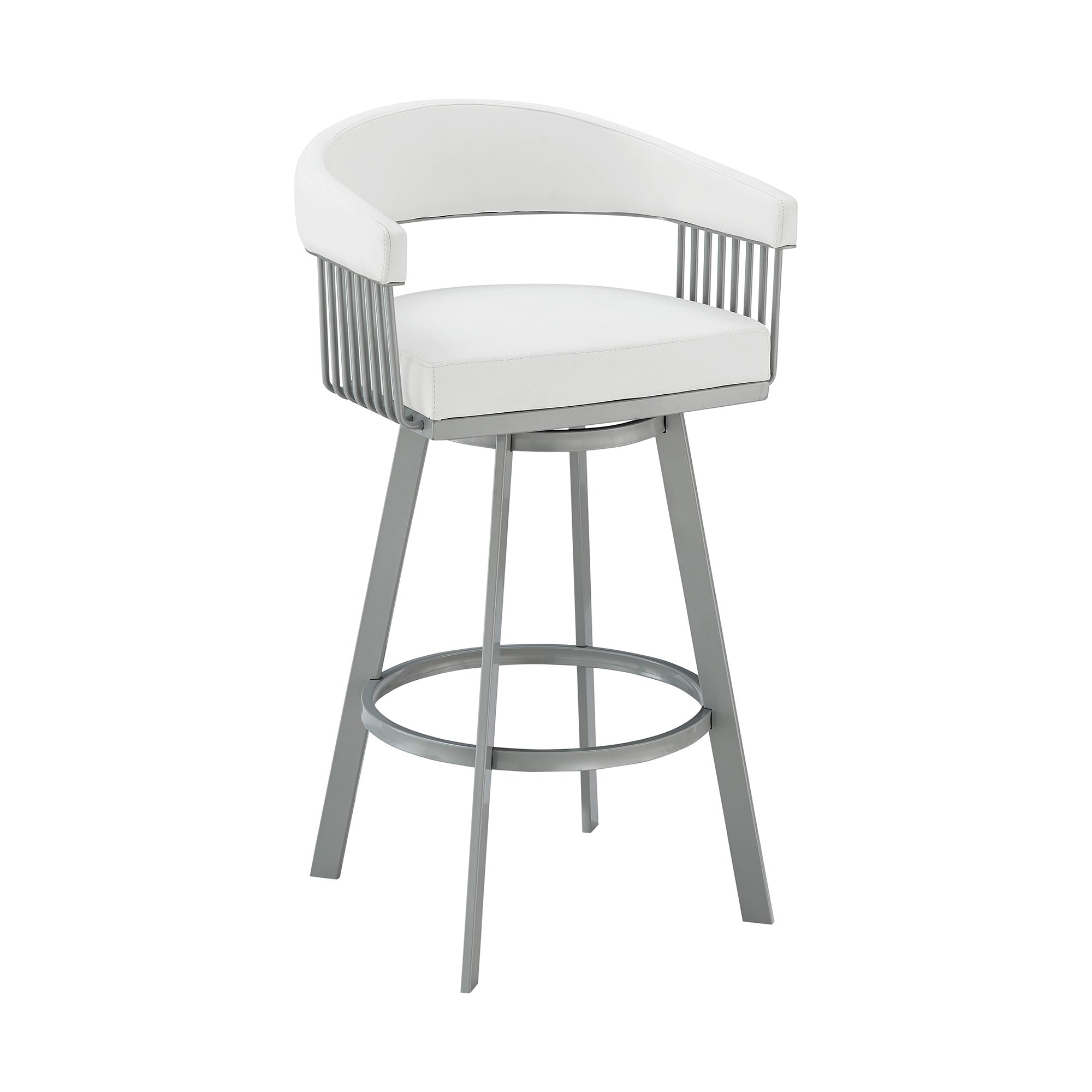 Chelsea 26'' Counter Height Swivel Bar Stool in Silver Finish and White Faux Leather