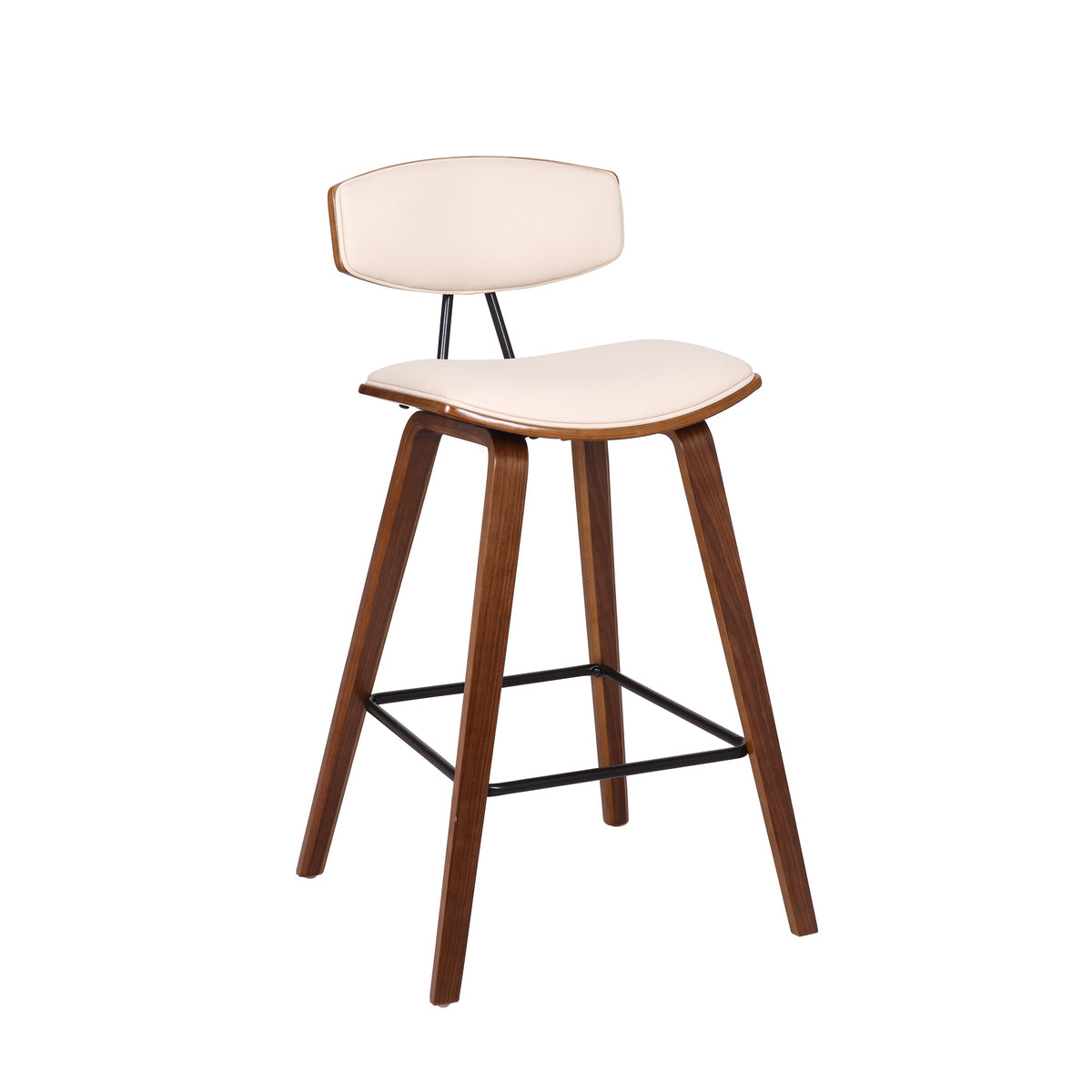 Ergode Fox Mid-Century Barstool - Cream Faux Leather, Wood Frame, Metal Footrest - Stylish, Comfortable, and Functional - Perfec