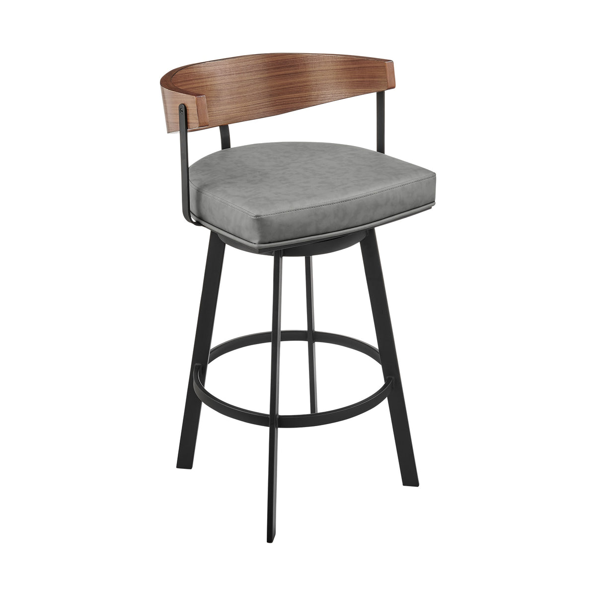 Lacey Swivel Counter or Bar Stool in Black Iron with Wood and Faux Leather