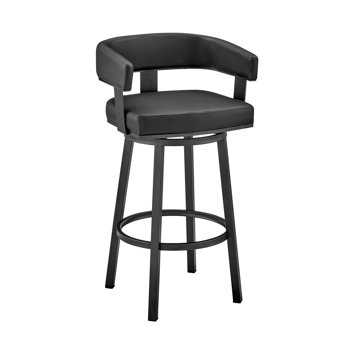 Lorin 30'' Bar Height Swivel Bar Stool in Black Finish and Black Faux Leather