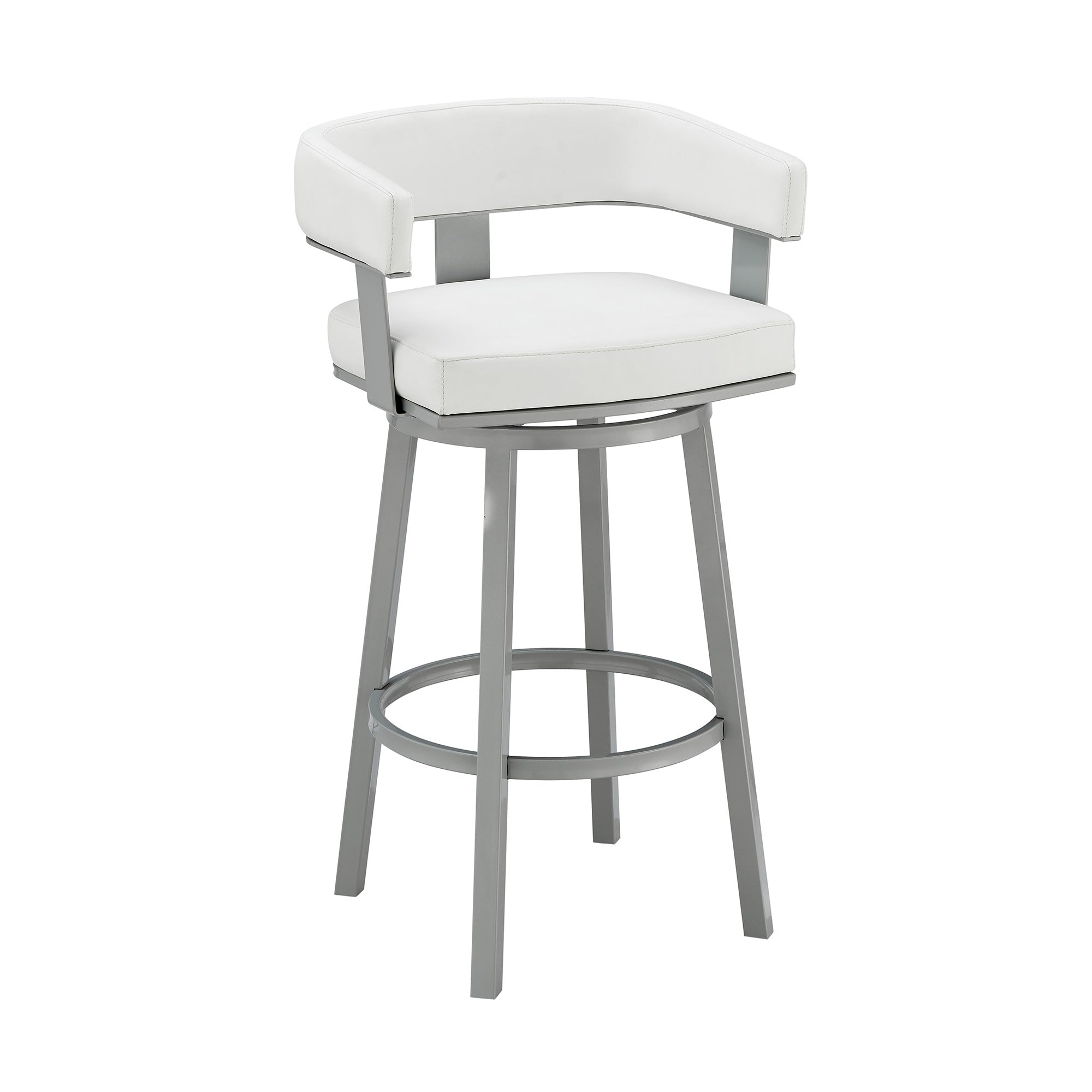 Lorin 26'' Counter Height Swivel Bar Stool in Silver Finish with White Faux Leather