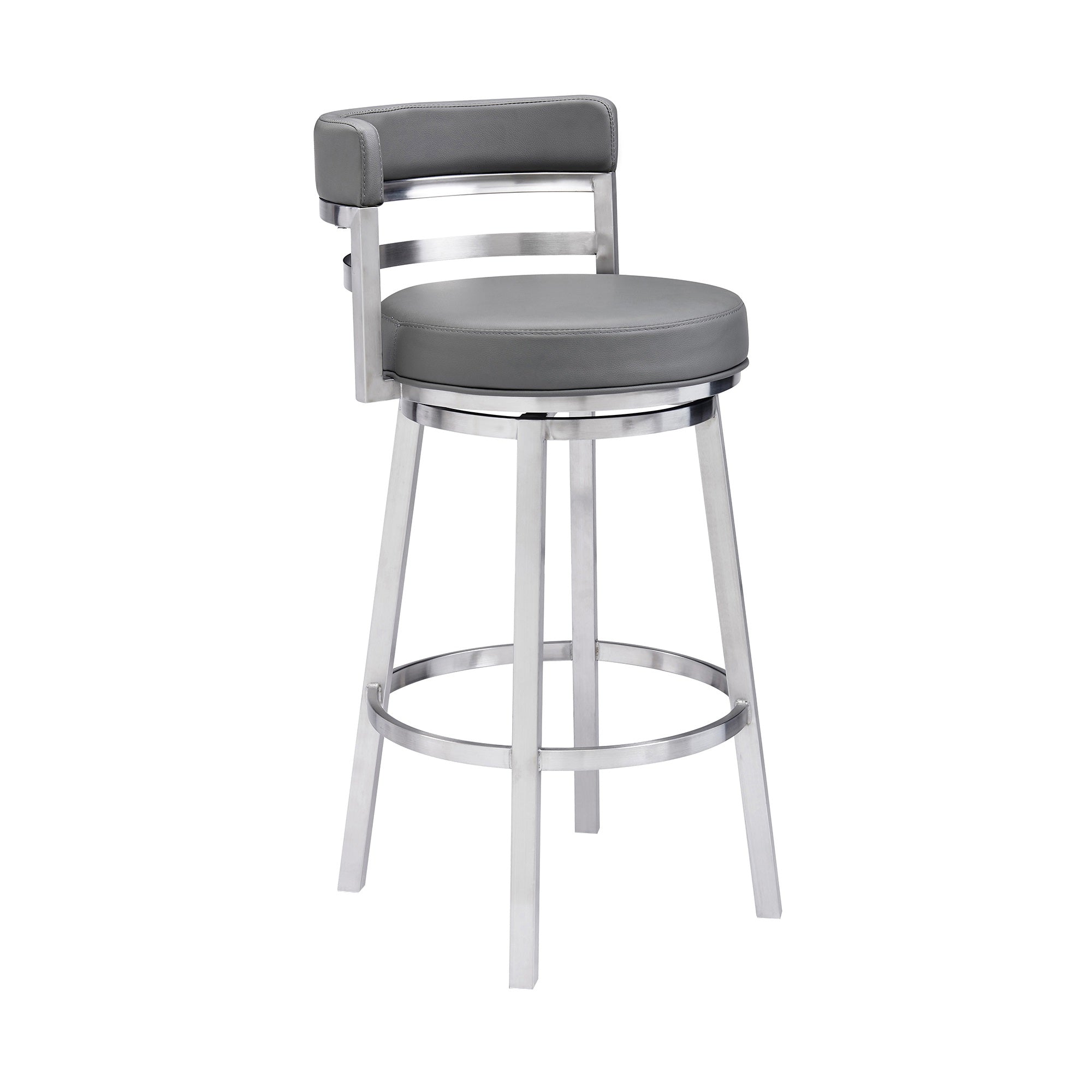 Ergode Madrid Armless Barstool - Sleek & Trendy Design, Brushed Stainless Steel Frame, Grey Faux Leather Seat, 360 Swivel, Floor
