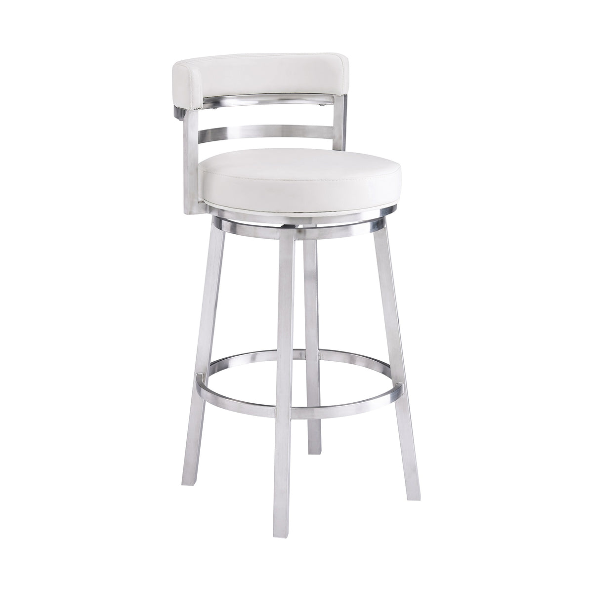 Ergode Madrid Armless Barstool - Stylish, Contemporary, and Durable with Brushed Stainless Steel Frame, White Faux Leather Seat,