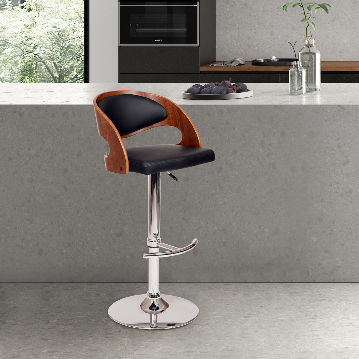 Armen Living Malibu Swivel Barstool In Black PU/ Walnut Veneer and Chrome Base