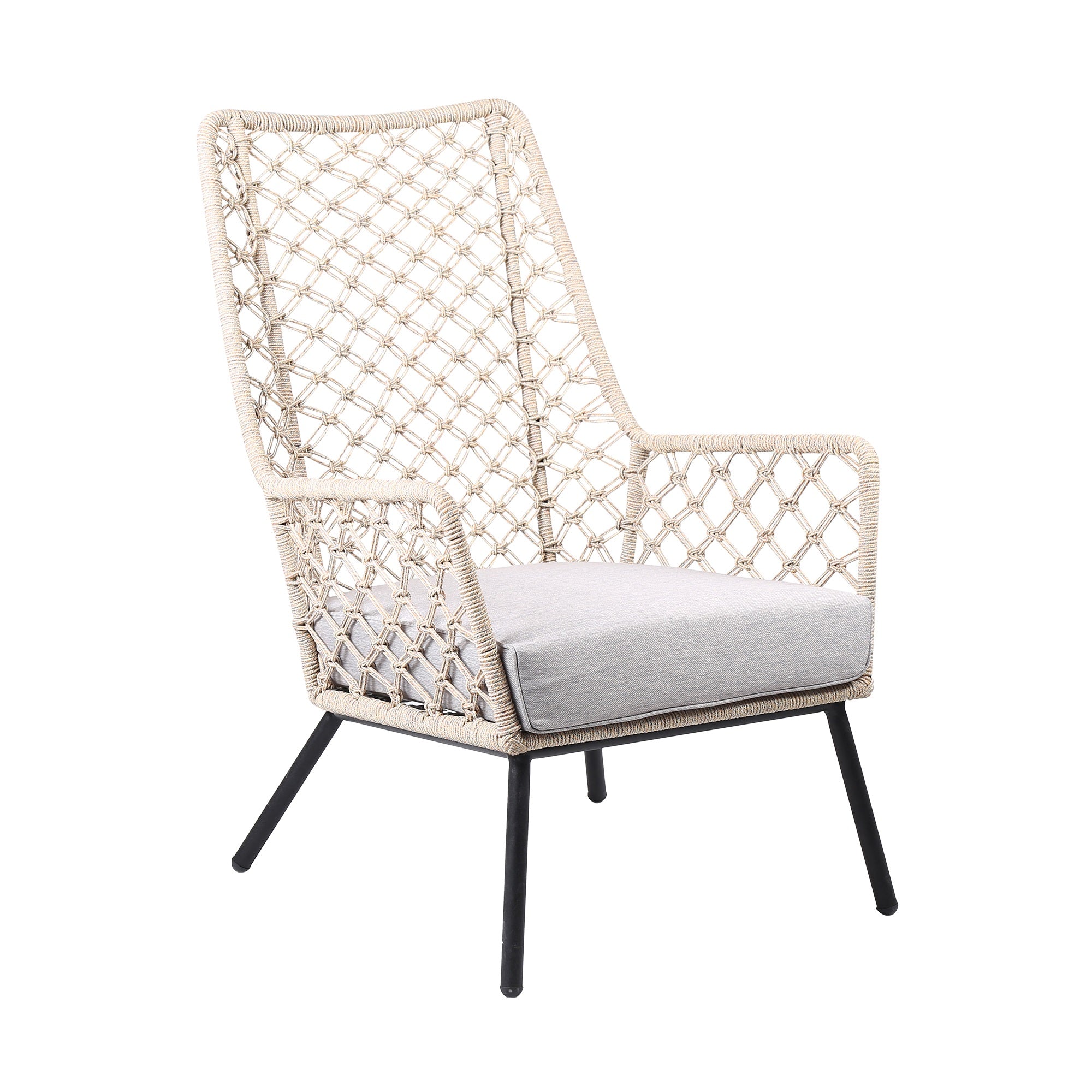 Marco Polo Indoor Outdoor Steel Lounge Chair with Natural Springs Rope and Grey Cushion