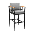 Orlando Outdoor Patio Counter Height Bar Stool in Aluminum and Teak with Grey Cushions