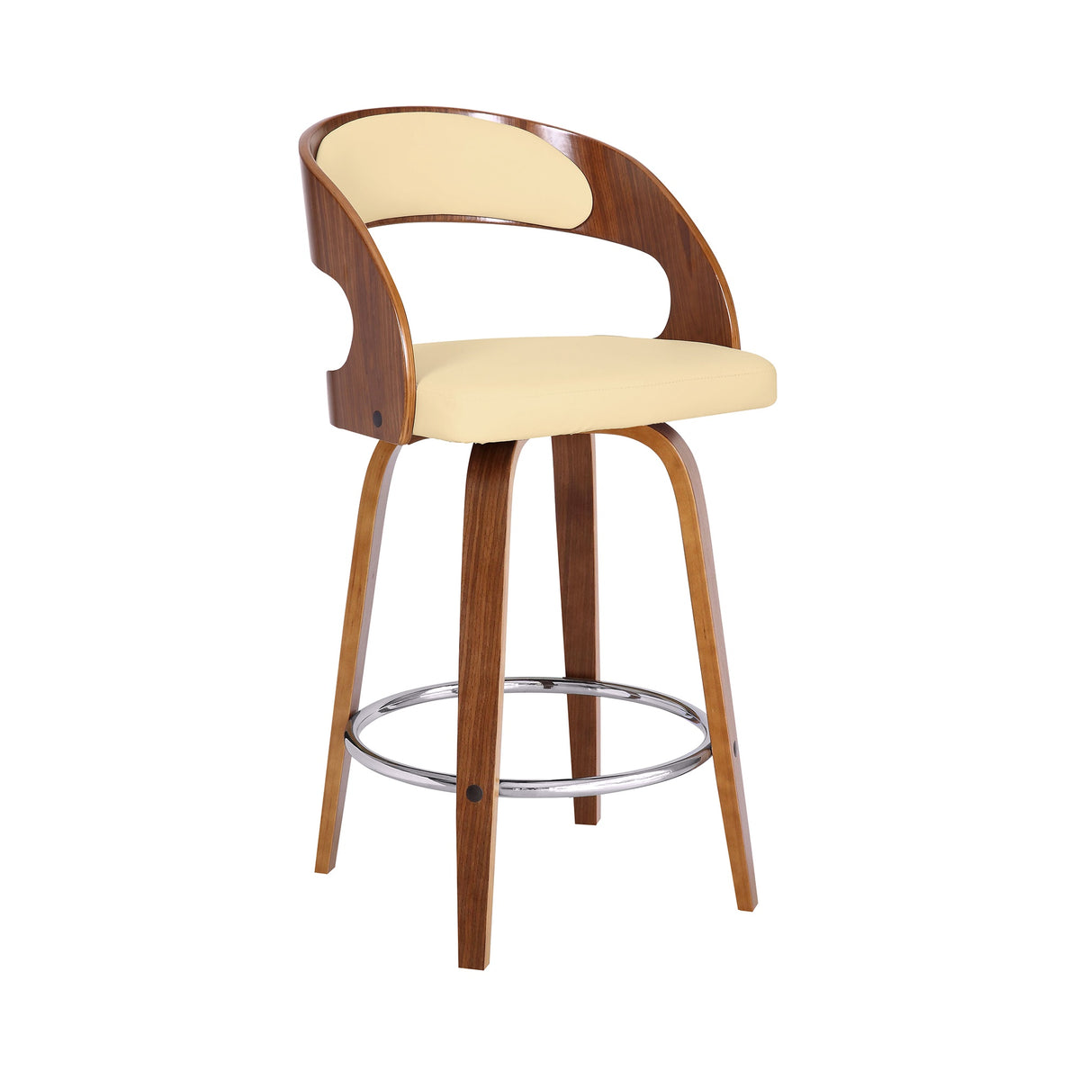 Shelly Contemporary 26'' Counter Height Swivel Barstool in Walnut Wood Finish and Cream Faux Leather