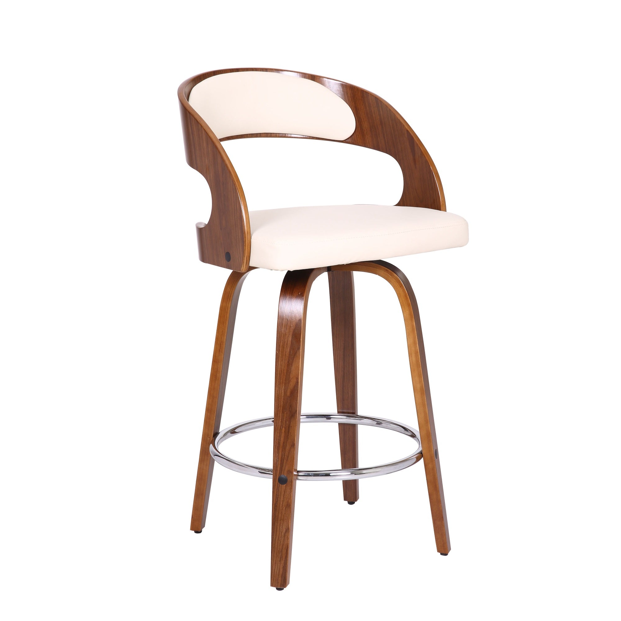 'Shelly Swivel Barstool - Mid-Century Modern Design, Walnut Wood, Cream Faux Leather Upholstery - Elegant, Durable, and Comfort