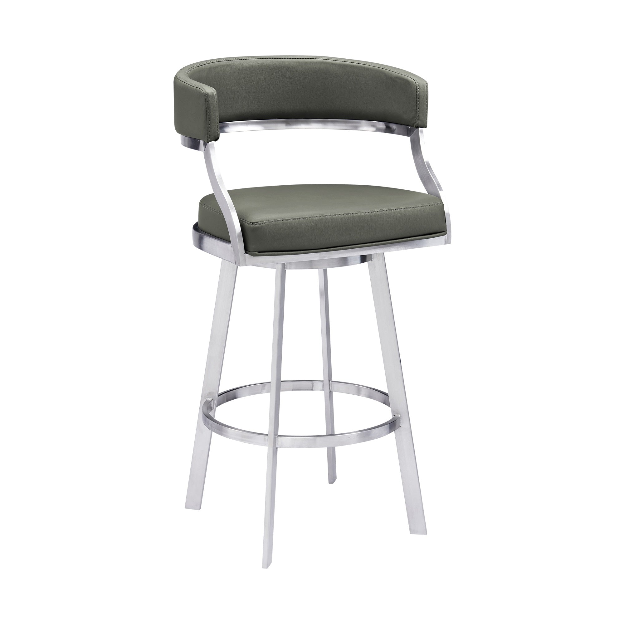 Saturn Contemporary 30 Bar Height Barstool in Brushed Stainless Steel Finish and Grey Faux Leather
