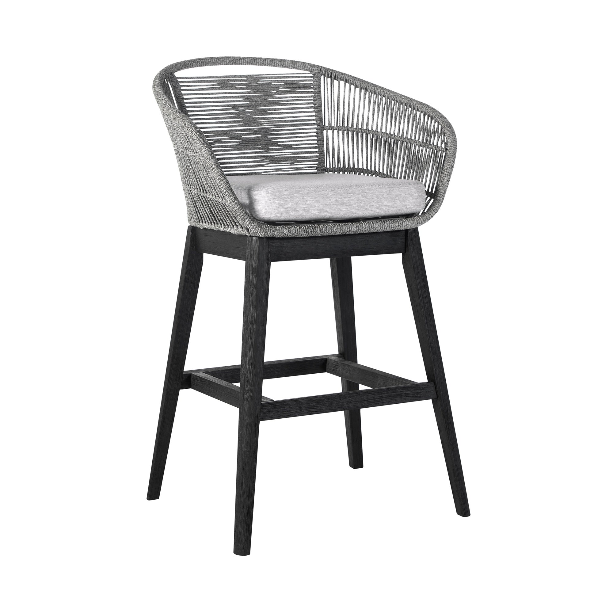Tutti Frutti Indoor Outdoor Bar Height Bar Stool in Black Brushed Wood with Grey Rope