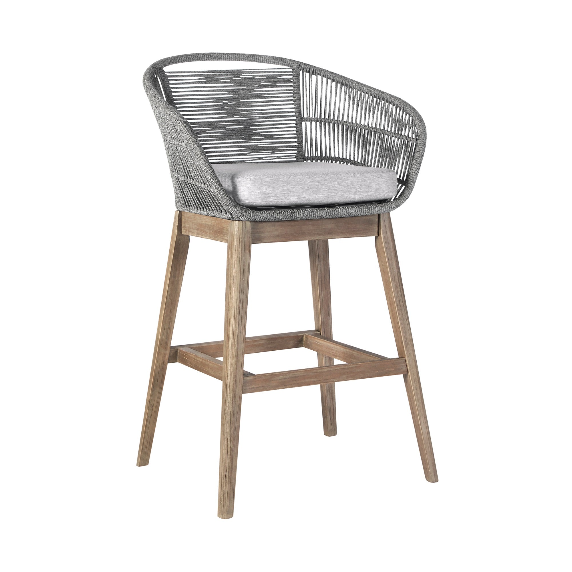 Tutti Frutti Indoor Outdoor Bar Height Bar Stool in Aged Teak Wood with Grey Rope
