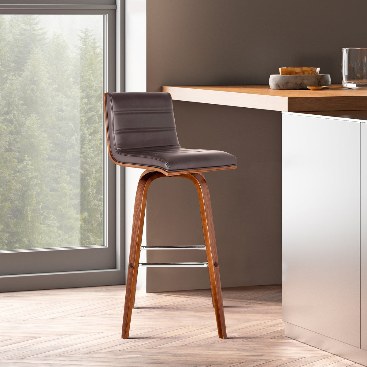 Armen Living Vienna 26'' Counter Height Barstool in Walnut Wood Finish with Brown Faux Leather