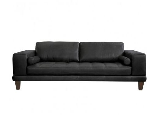 Wynne Contemporary Sofa in Genuine Black Leather with Brown Wood Legs