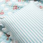 Full/Queen size Vintage Rose Ruffle Edge Light Quilt Set in Blue White and Pink