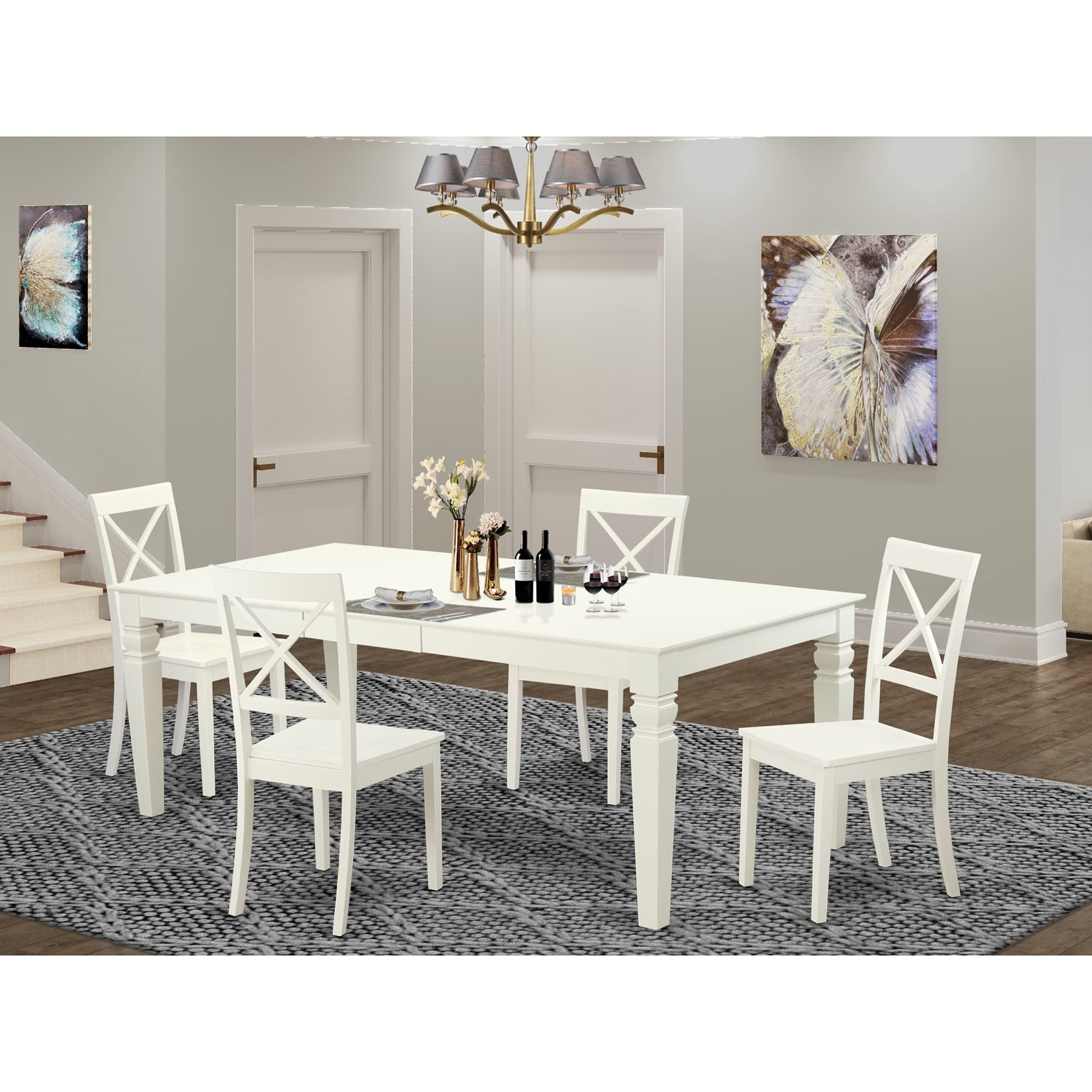 East West Furniture LGBO5-LWH-W 5 Piece Modern Dining Table Set Includes a Rectangle Wooden Table with Butterfly Leaf and 4 Kitchen Dining Chairs, 42x84 Inch, Linen White