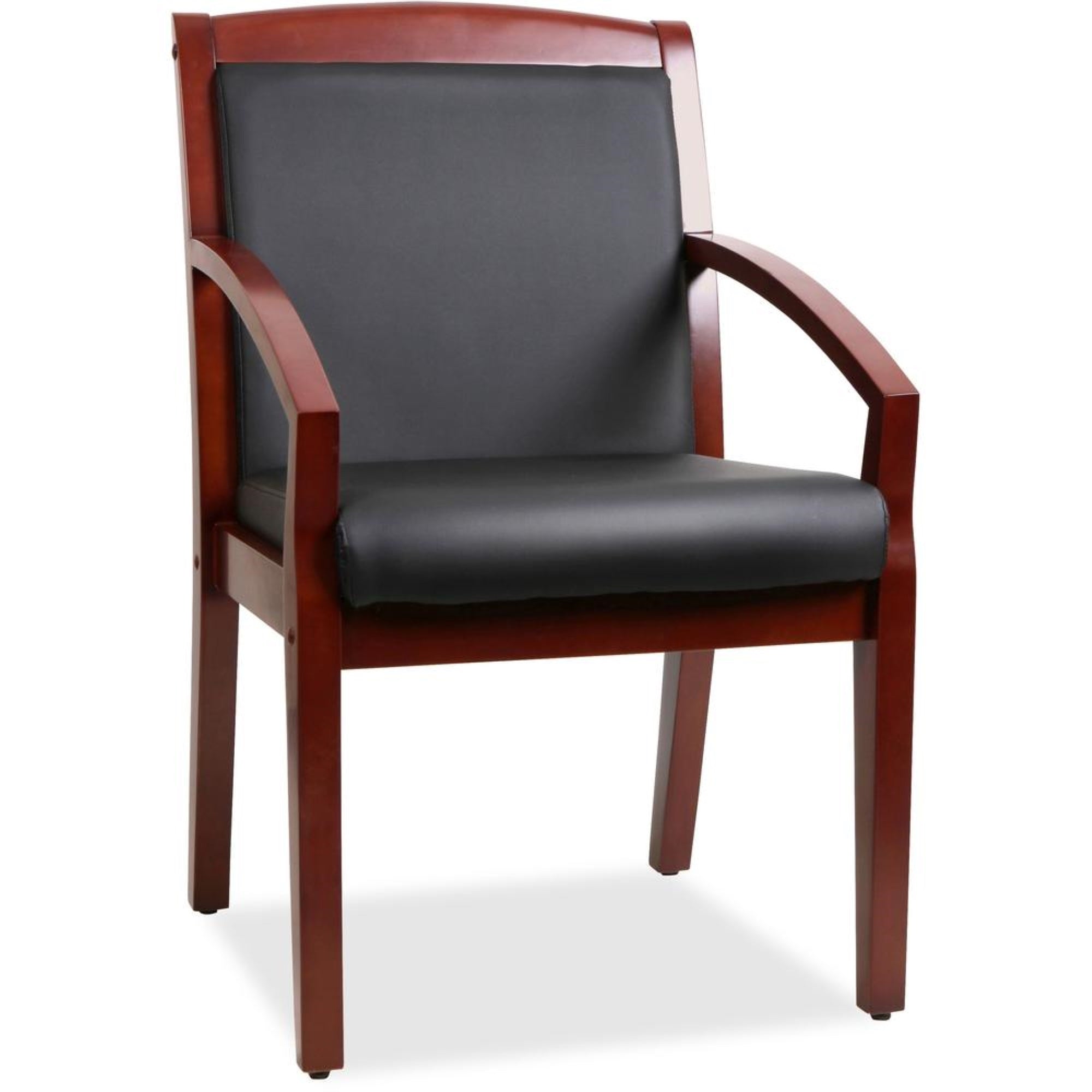 Lorell Sloping Arms Wood Guest Chair - Black Bonded Leather Seat - Black Bonded Leather Back - Cherry Wood Frame - Four-legged B
