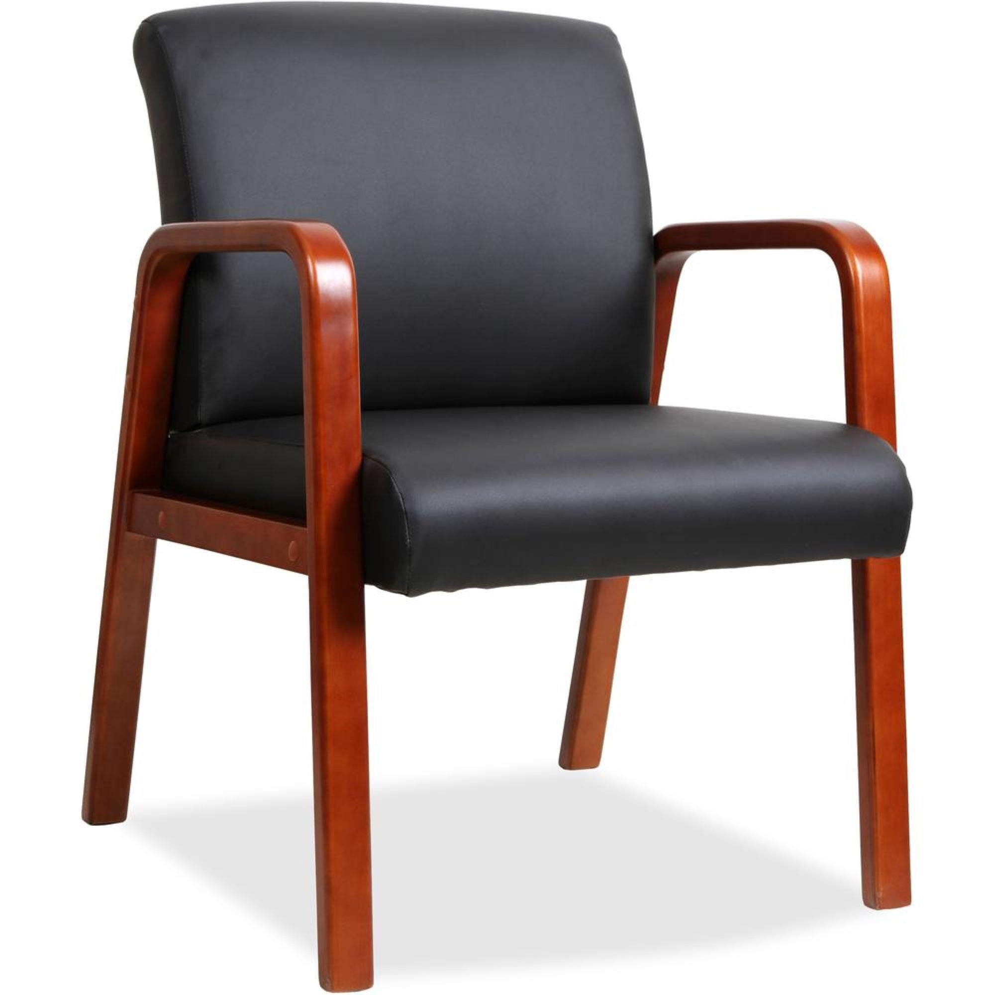 Lorell Guest Chair  Black Bonded Leather Seat  Black Bonded Leather Back  Cherry Solid Wood Frame  Fourlegged Base  Armres