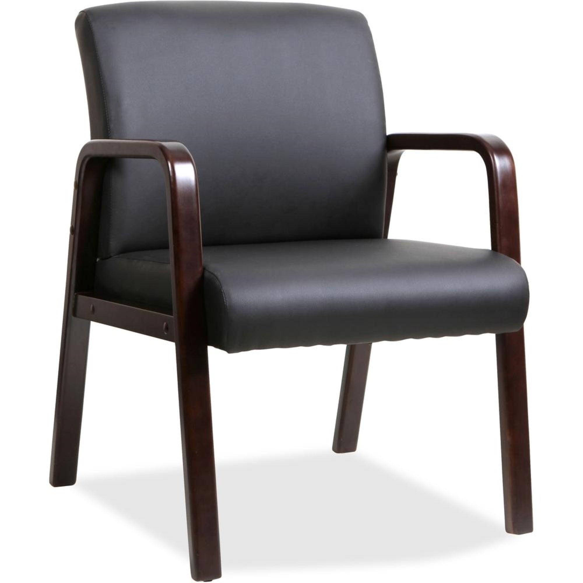 Lorell Guest Chair  Black Bonded Leather Seat  Black Bonded Leather Back  Espresso Solid Wood Frame  Fourlegged Base  Armr