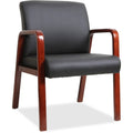 Lorell Guest Chair  Black Bonded Leather Seat  Black Bonded Leather Back  Mahogany Solid Wood Frame  Fourlegged Base  Armr