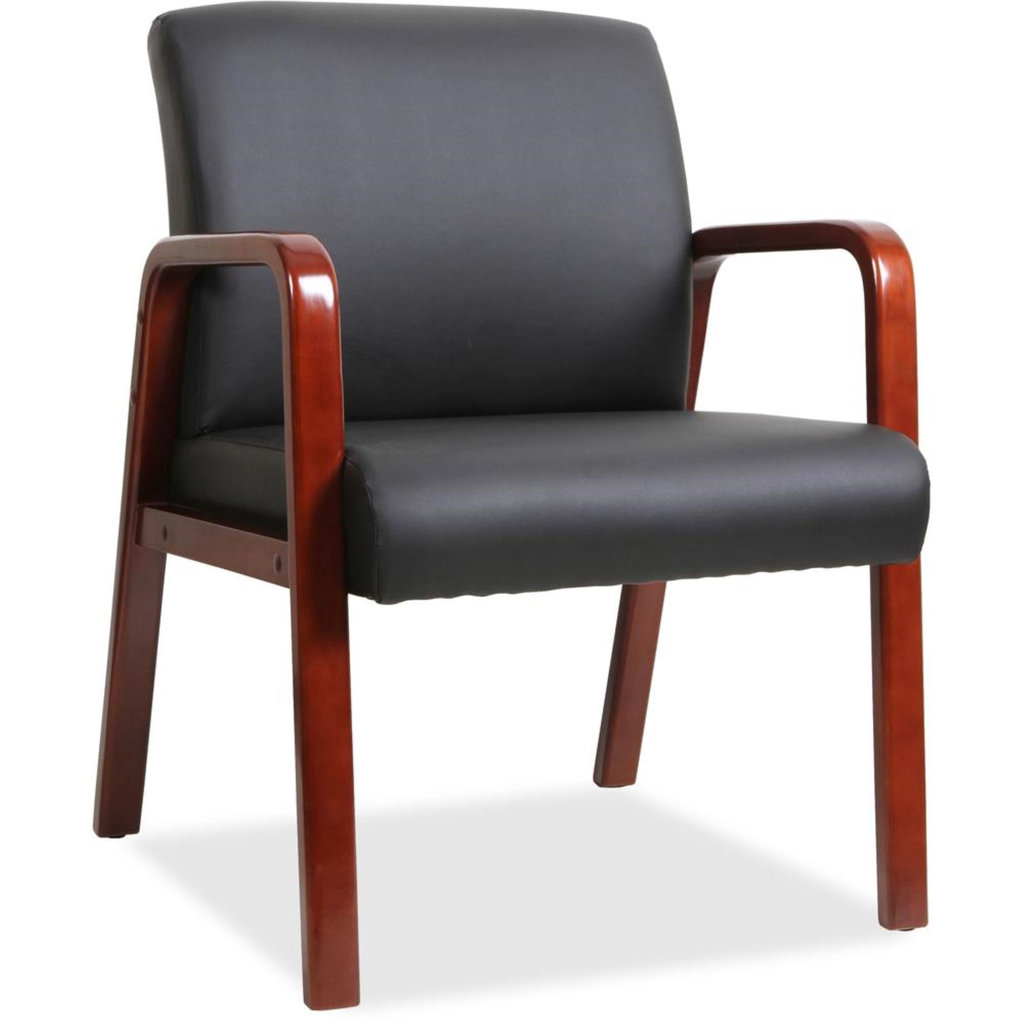 Lorell Guest Chair  Black Bonded Leather Seat  Black Bonded Leather Back  Mahogany Solid Wood Frame  Fourlegged Base  Armr