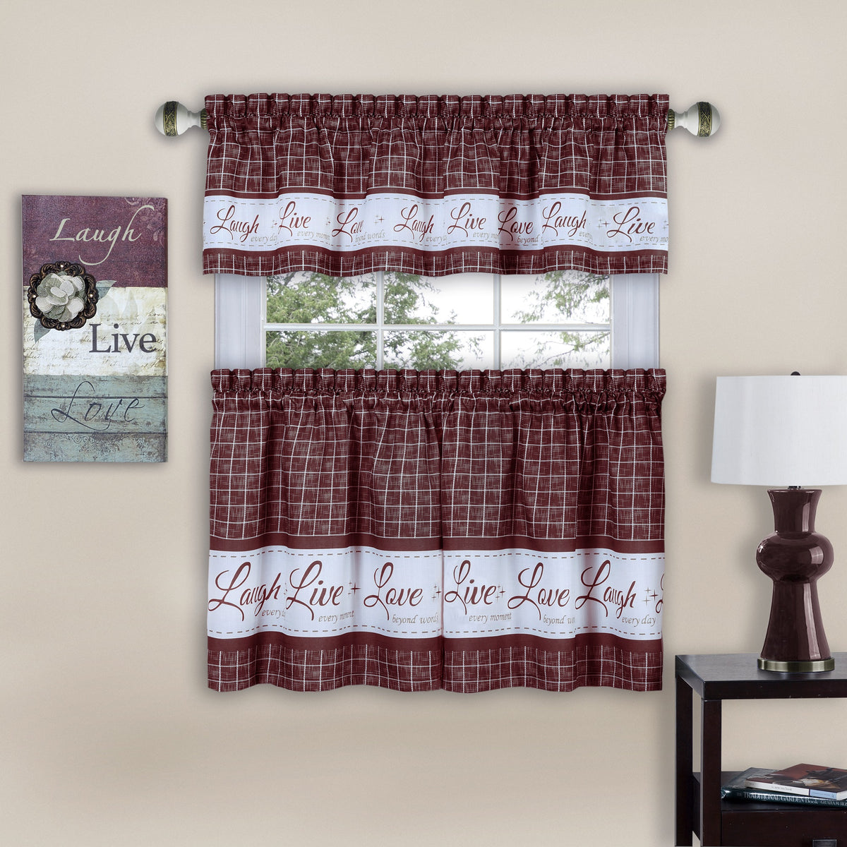 Live, Love, Laugh Tier And Valance Window Curtain Set  Inspirational Printed Design  Machine Washable Polyester  Easy Install