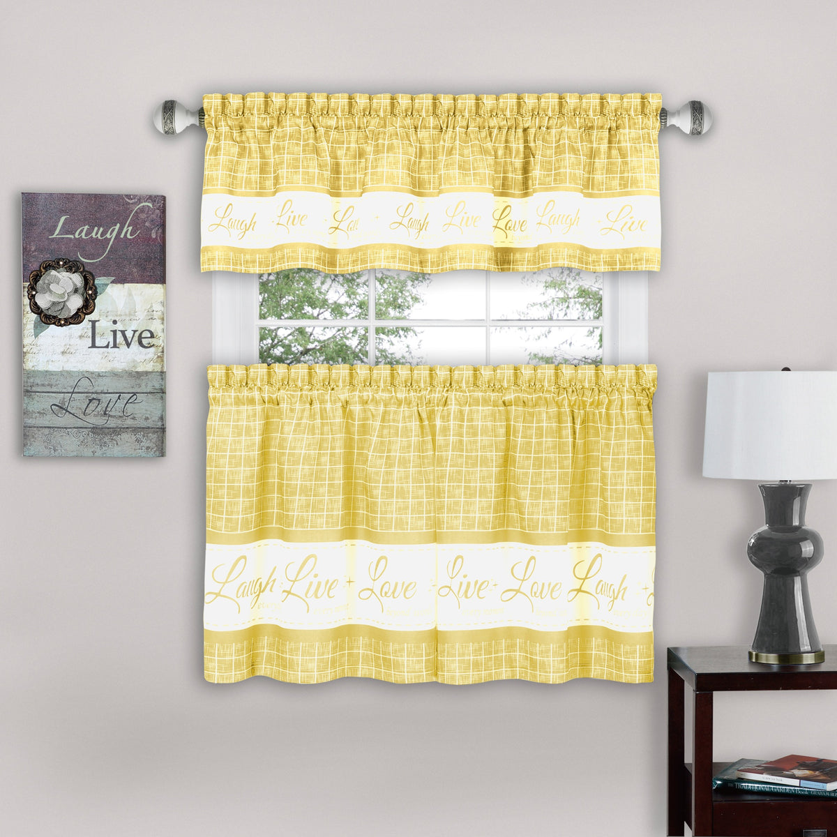 Live, Love, Laugh Window Curtain Tier Pair And Valance Set  58X36  Yellow