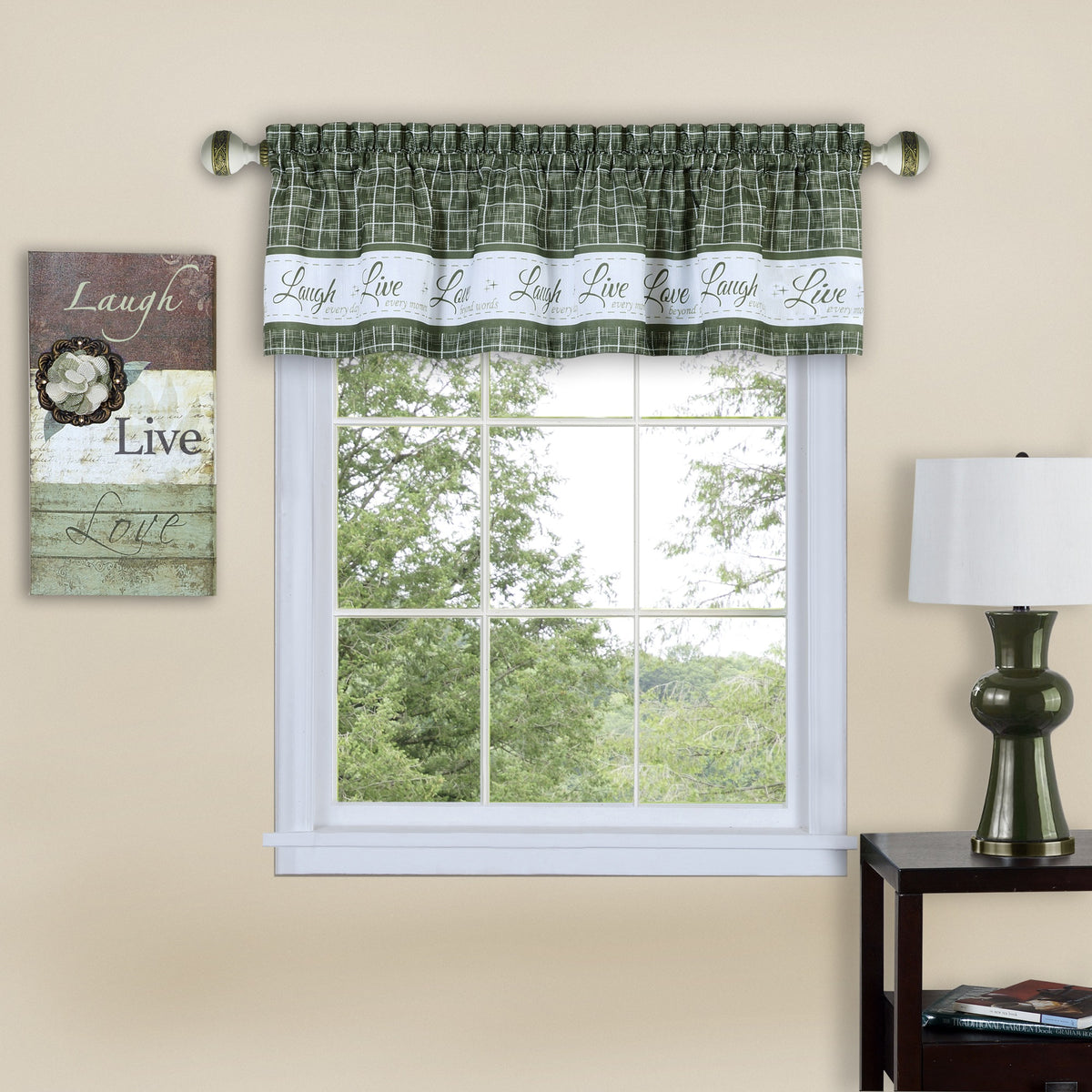 Live, Love, Laugh Window Curtain Valance  Inspirational Design, Easy Installation, Machine Washable  58X14  Green