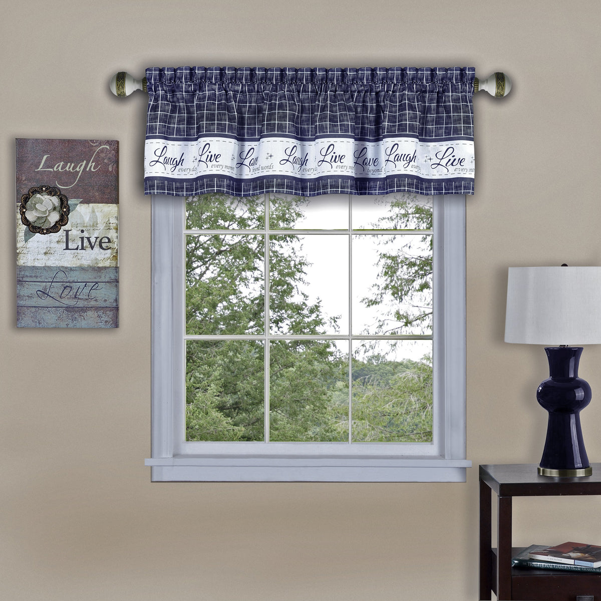 Live, Love, Laugh Window Curtain Valance  Inspirational Design, Easy To Clean, 1.5 Inch  Rod Pocket  58X14  Navy