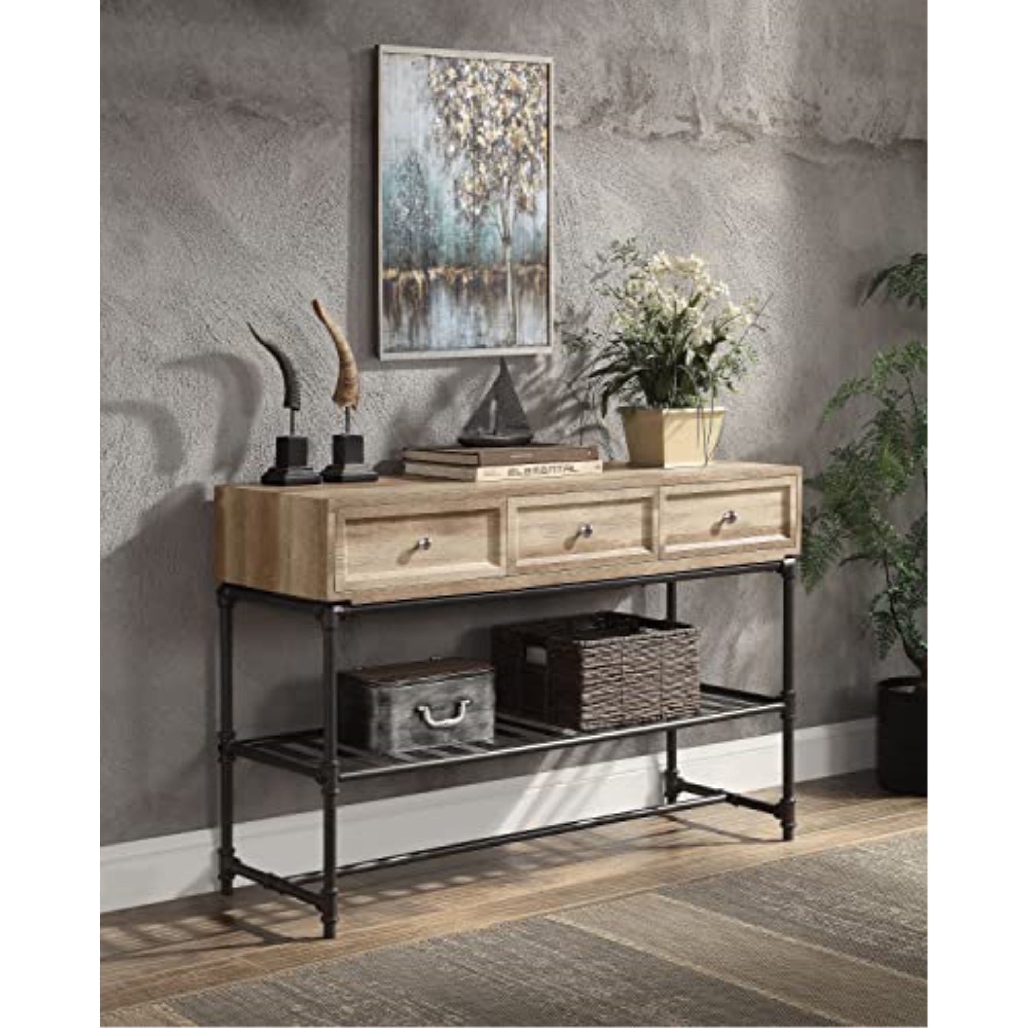 Acme Brantley 3-Drawer Wooden Rectangular Sofa Table in Oak and Sandy Black