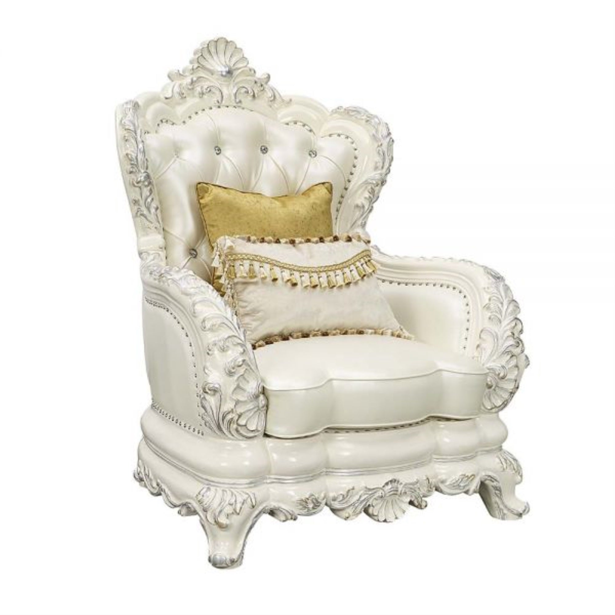 LV01226 Chair w/2 Pillows, White PU & Antique White Finish - Adara ( 1Pc/1Ctn )