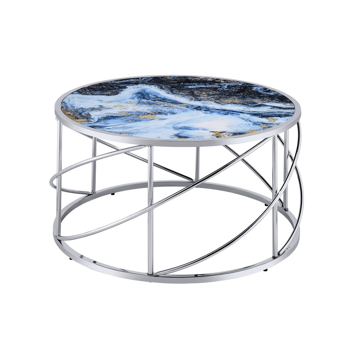 Acme Lyda Coffee Table, Blue Marble Print & Chrome Finish