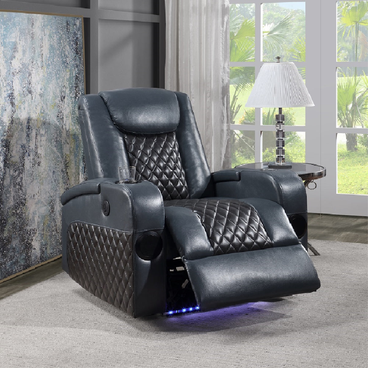 Acme Alair Power Motion Recliner W/Bluetooth, Wireless Charger & Cupholder, Blue & Black Leather Aire