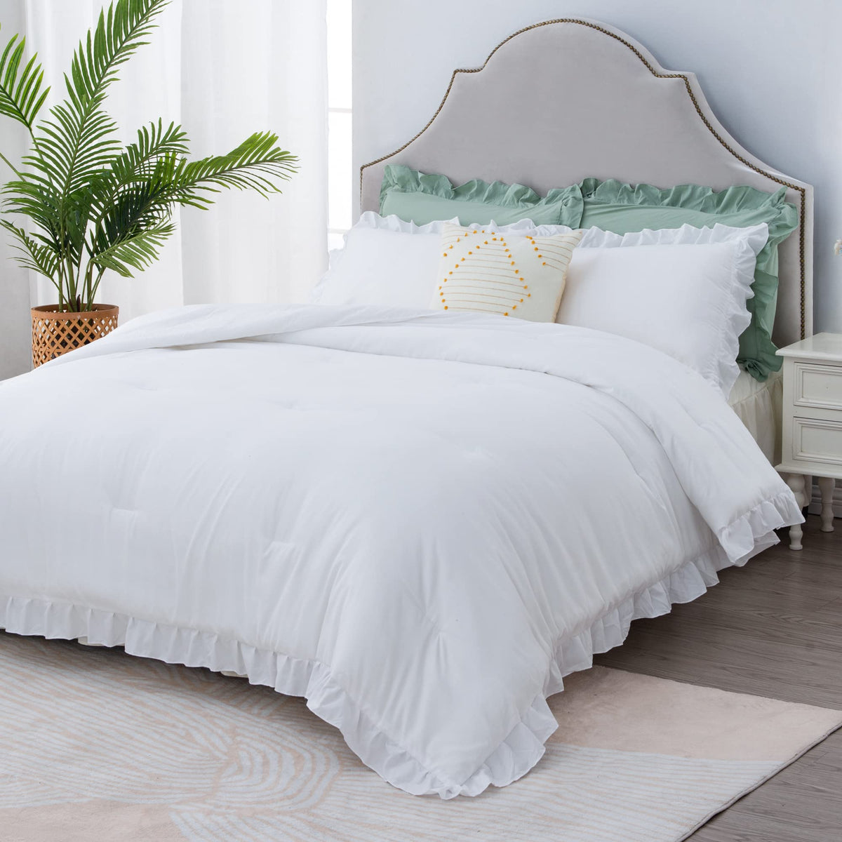Litanika White Comforter Queen Size Set – 3 Pieces, Ruffle Shabby Chic Farmhouse Bedding