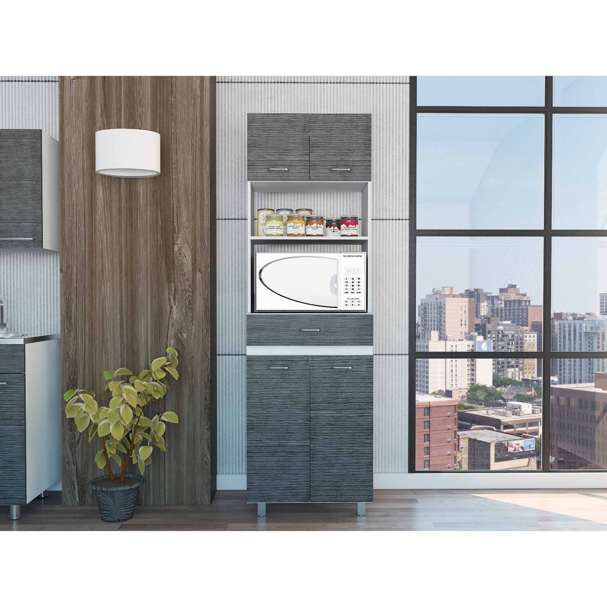 TUHOME Caribe Microwave Cabinet, Four Legs, One Drawer, Two-Doors Cabinets, One Shelf For Microwave, Smoky Oak, For Kitchen Room
