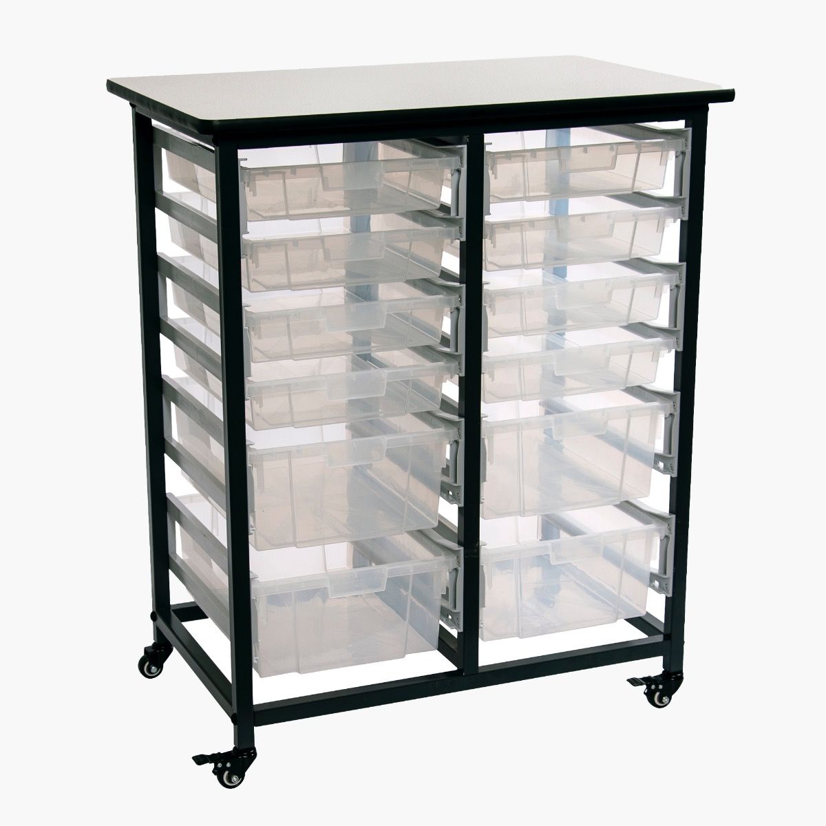 Mobile Bin Storage Unit - Double Row with Large and Small Clear Bins