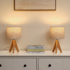 Set of 2 - Solid Wood Tripod Table Lamp with Beige Linen Drum Shade