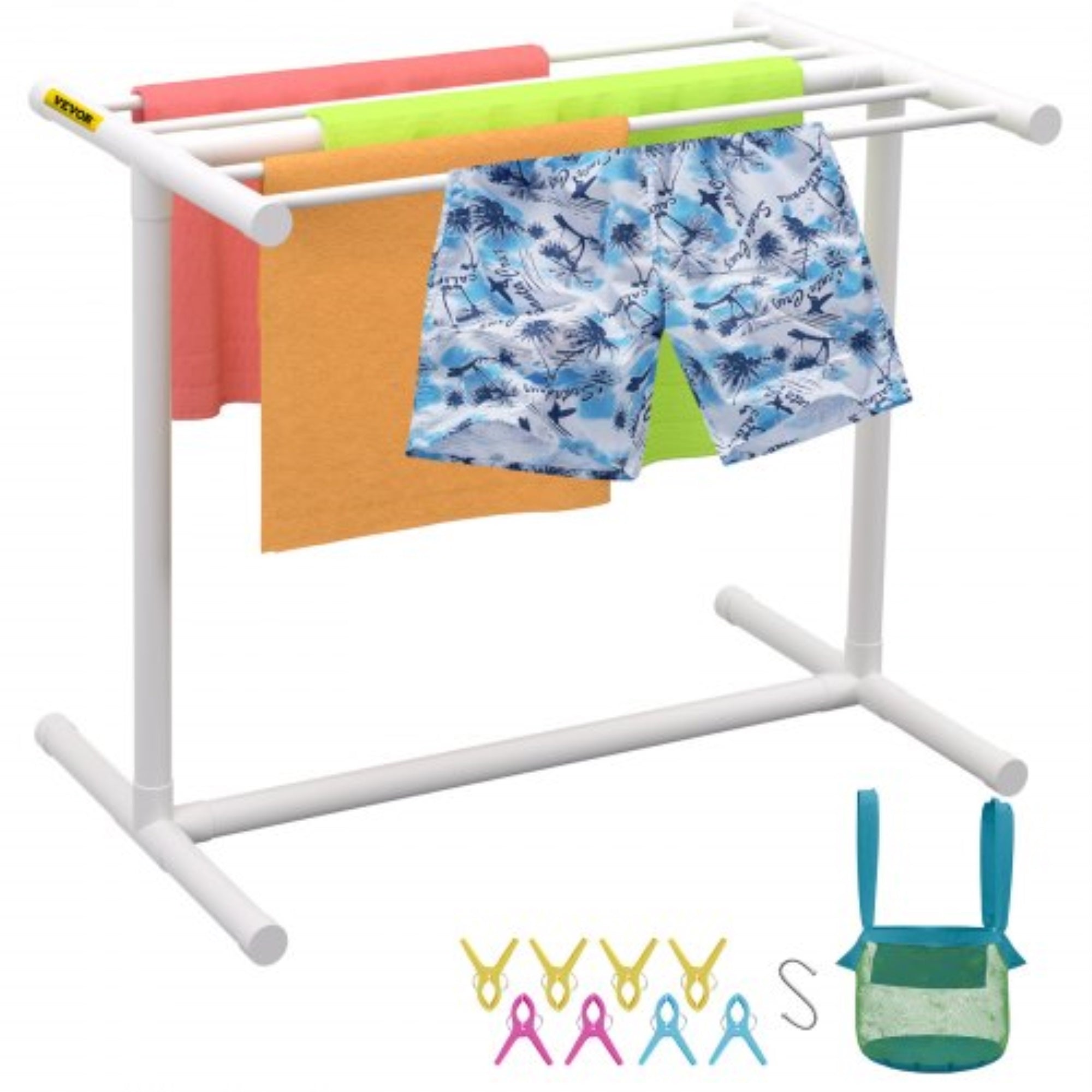 Vevor Pool Towel Rack, 5 Bar, White, Freestanding Outdoor Pvc T-Shape Poolside Storage Organizer, Include 8 Towel Clips, Mesh Ba