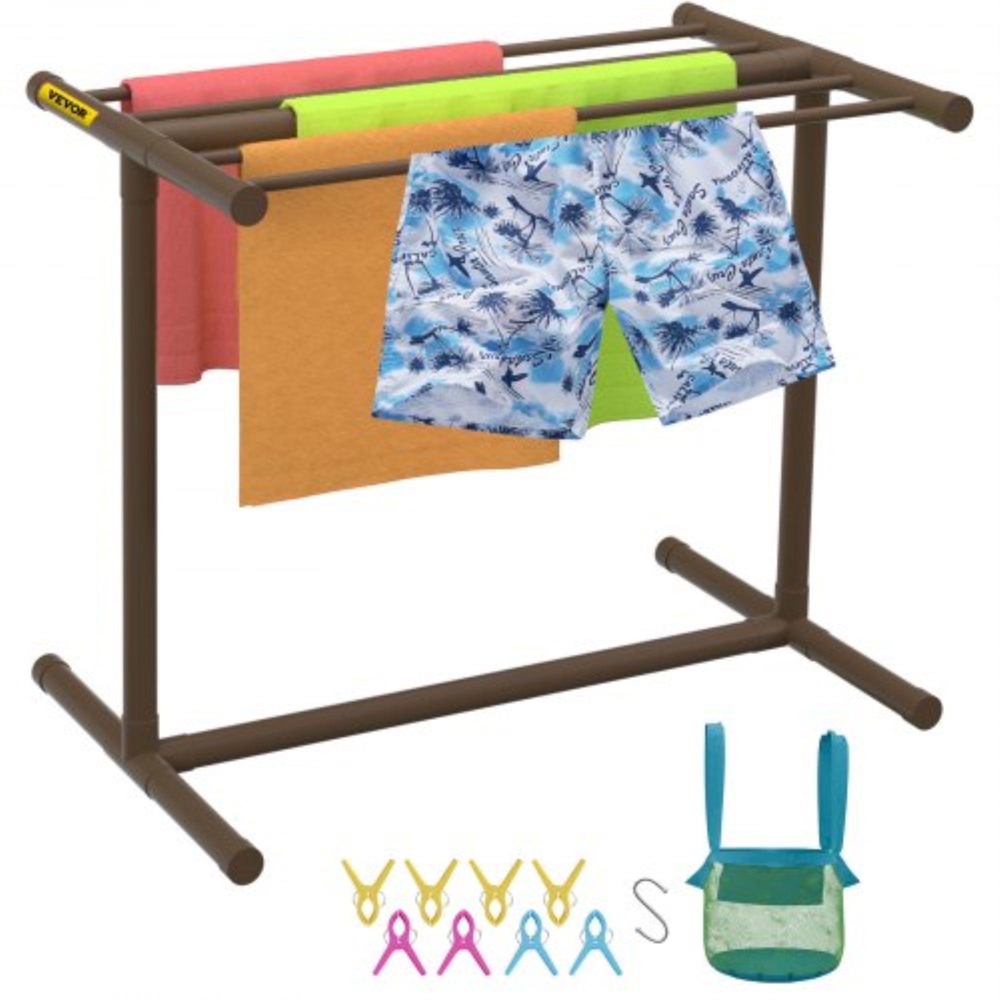Vevor Pool Towel Rack, 5 Bar, Brown, Freestanding Outdoor Pvc T-Shape Poolside Storage Organizer, Include 8 Towel Clips, Mesh Ba